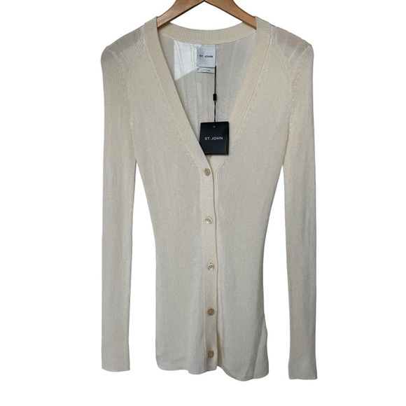 NWT! ST. JOHN Women's XS Ivory Ecru V-Neck Knit Cardigan Sweater Casual Ribbed - Picture 3 of 12